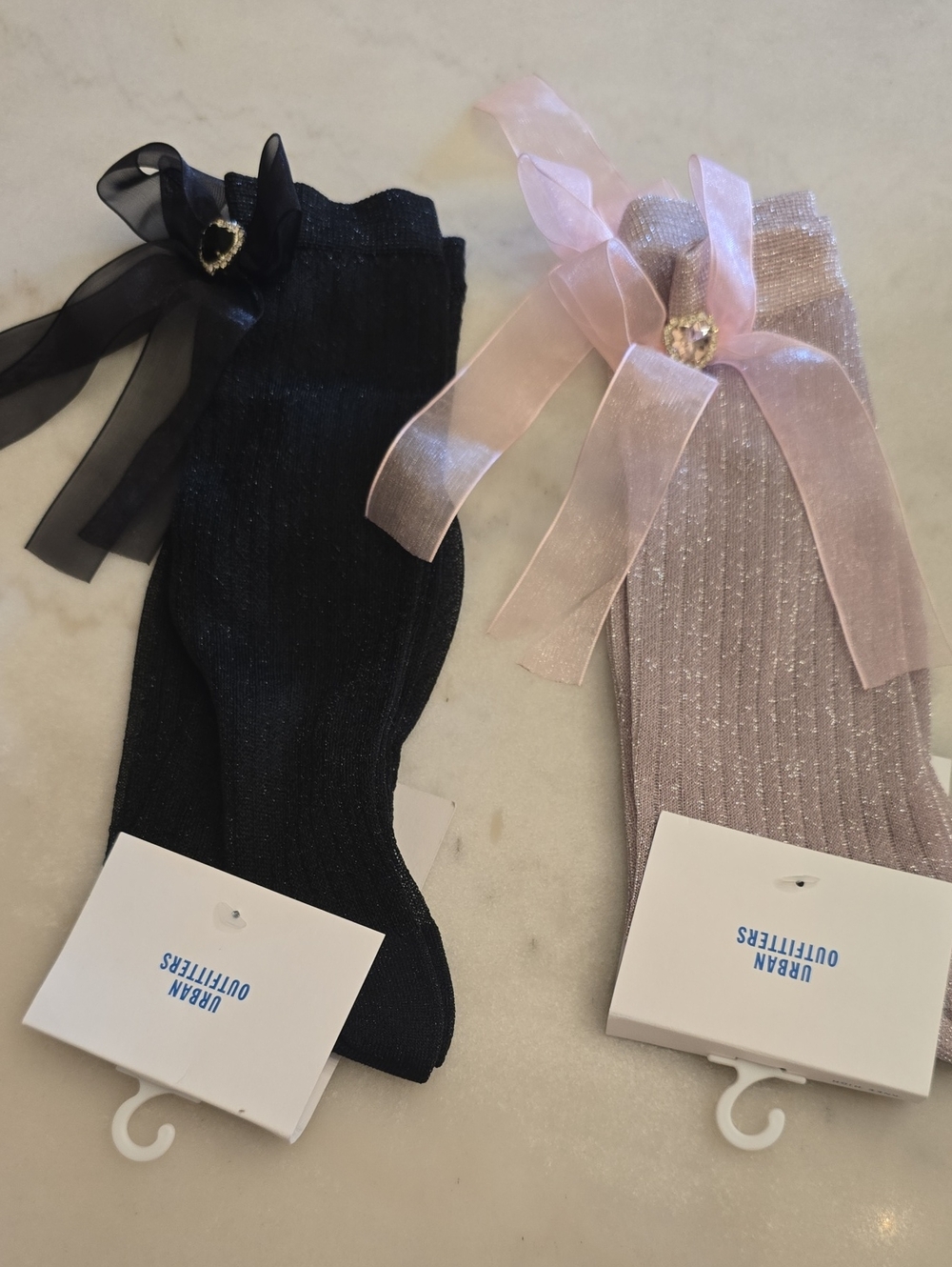 NWT Urban Outfitters Gem Bow Shimmer Tall Socks 1 Black 1 Mauve